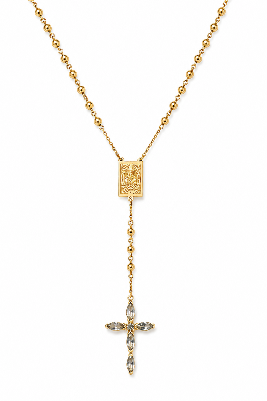 Gold Rosary Necklace - Crystal Cross