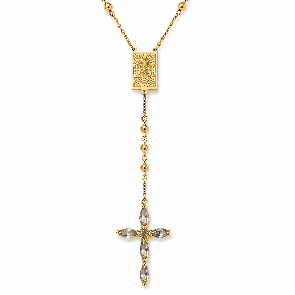 Gold Rosary Necklace - Crystal Cross