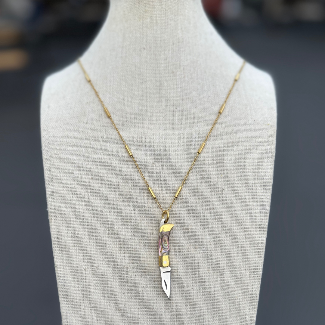 Mini Flip Knife Necklace - Abalone 23” Chain