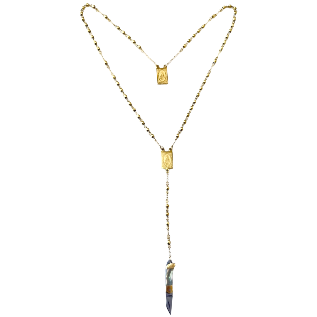 Chunky Mini Knife Rosary Necklace - Gray/Black Opal Shell Knife