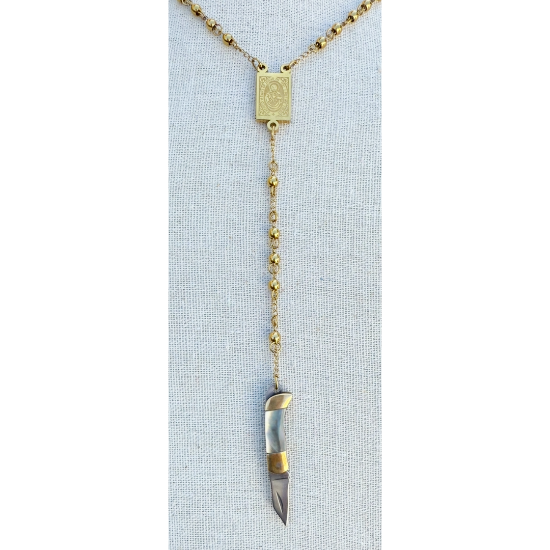 Chunky Mini Knife Rosary Necklace - Gray/Black Opal Shell Knife