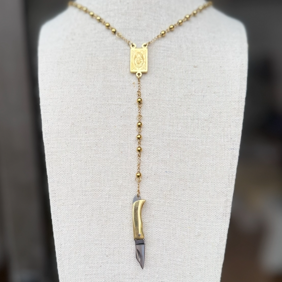 Chunky Mini Knife Rosary Necklace - SOLID GOLD Knife