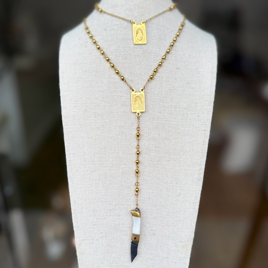 Chunky Mini Knife Rosary Necklace - WHITE Shell Knife