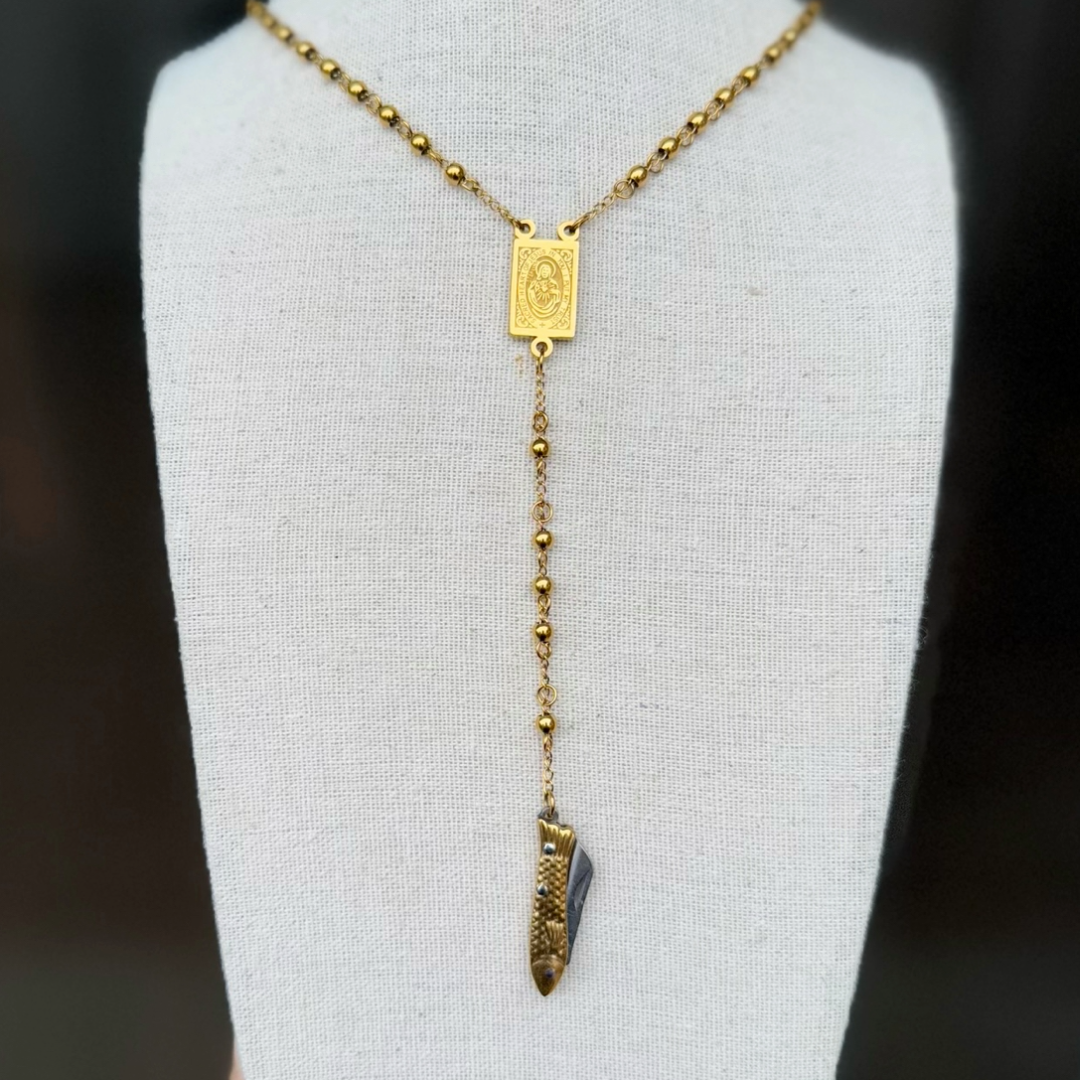 Chunky Mini Knife Rosary Necklace - GOLD FISH Knife