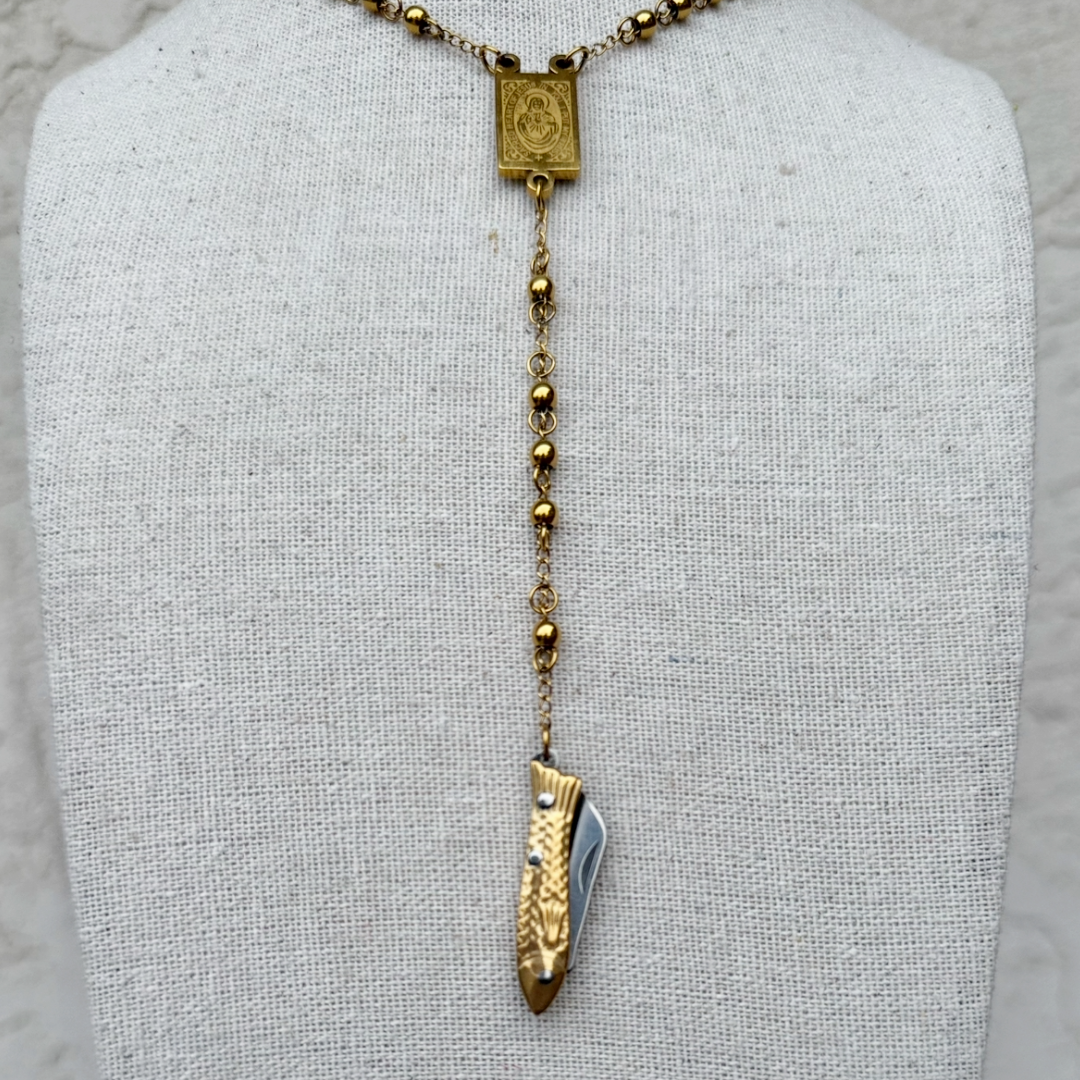 Chunky Mini Knife Rosary Necklace - GOLD FISH Knife