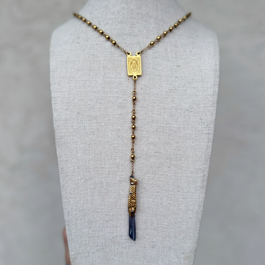 Chunky Mini Knife Rosary Necklace - GOLD FISH Knife