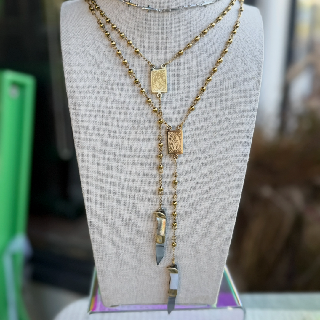 Chunky Mini Knife Rosary Necklace - Gray/Black Opal Shell Knife