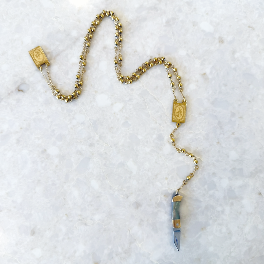 Chunky Mini Knife Rosary Necklace - Gray/Black Opal Shell Knife