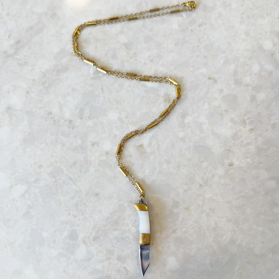 Mini Knife Necklace - White Shell 23" Chain